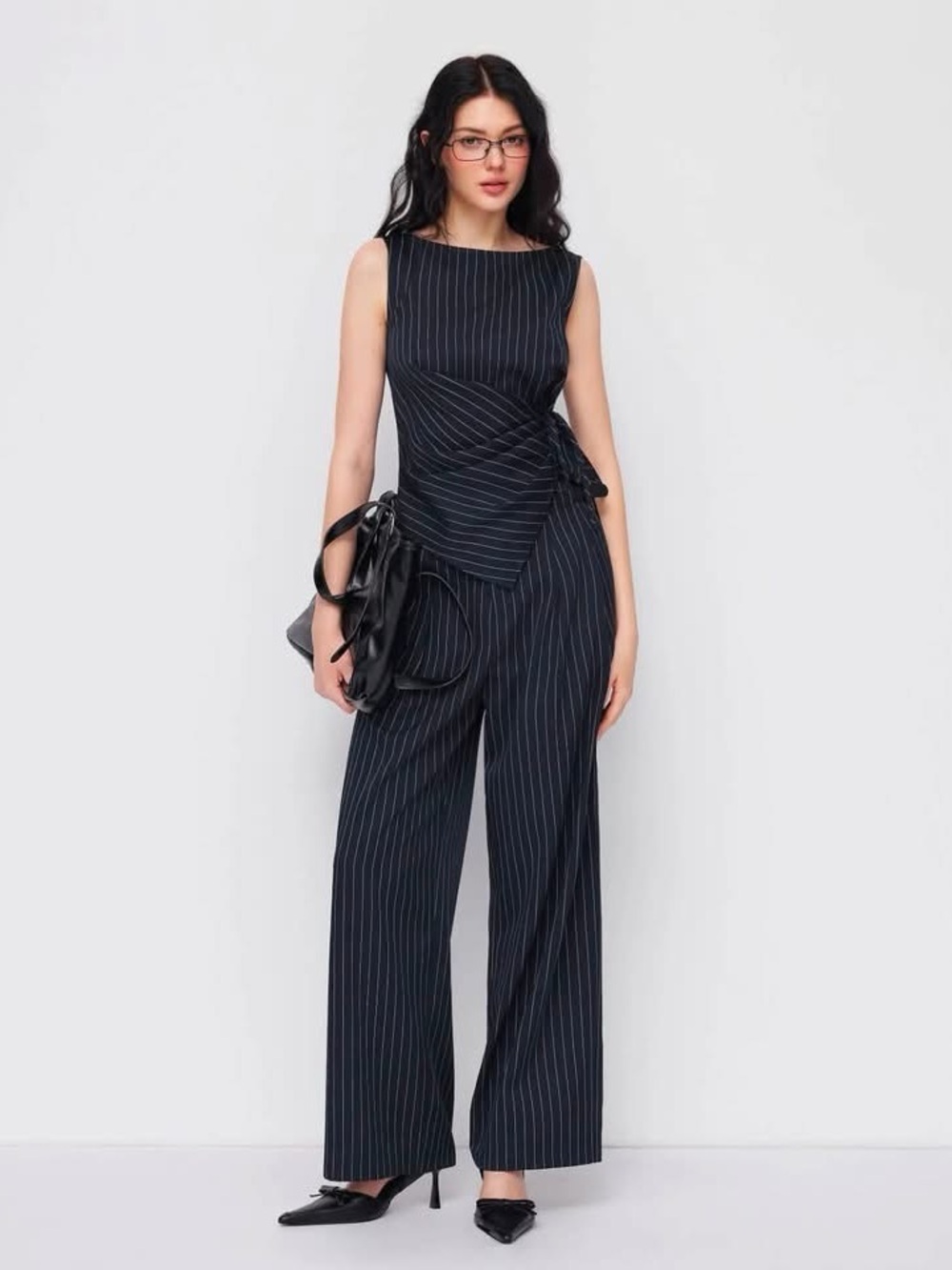 Cider BOAT NECK STRIPED WRAP KNOTTED TOP & MID RISE STRAIGHT LEG TROUSERS medium